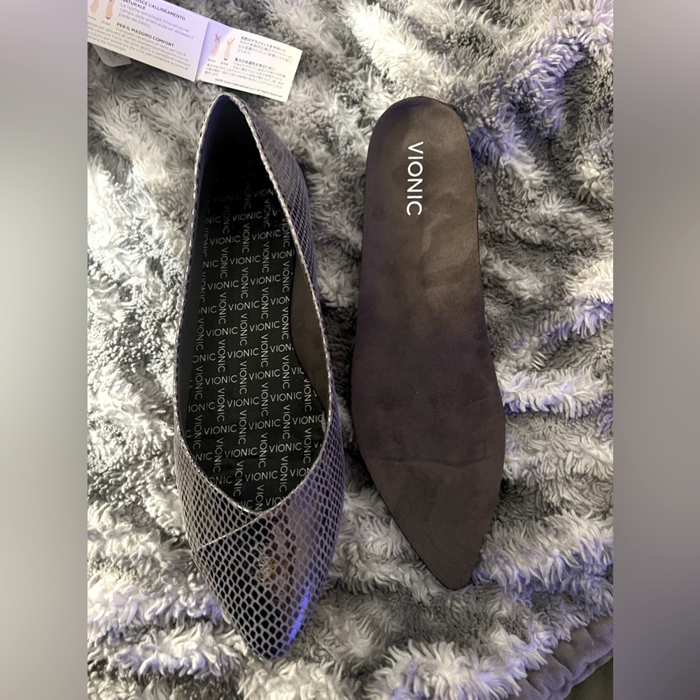 Vionic Women's Pointed Toe Slip-On Flats in Black Snake